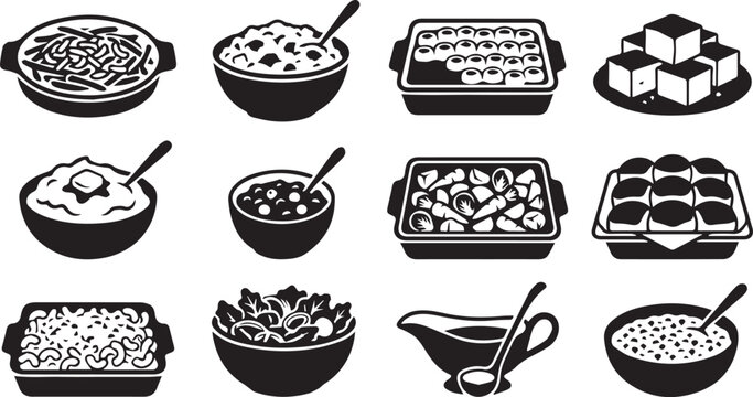 Black and white food icons set featuring various holiday dinner