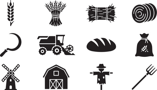 Harvest farm icons set with wheat combine harvester barn and rural