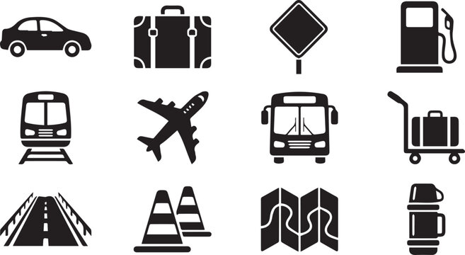 Black travel icons set featuring car plane bus and luggage on white