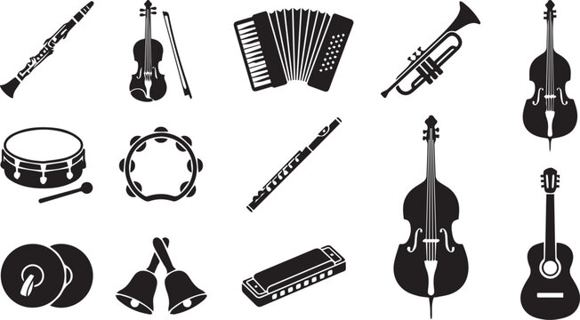 Black musical instrument icons including violin accordion trumpet and