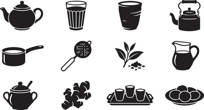 Black tea icons set with teapot kettle strainer leaves ginger and