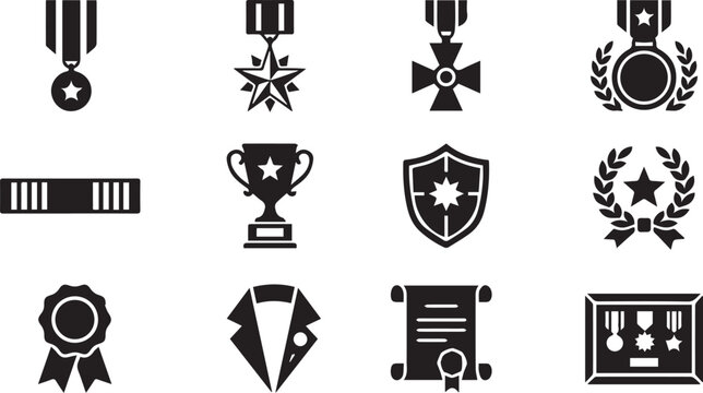 Black silhouette award icons set featuring medals trophies shields