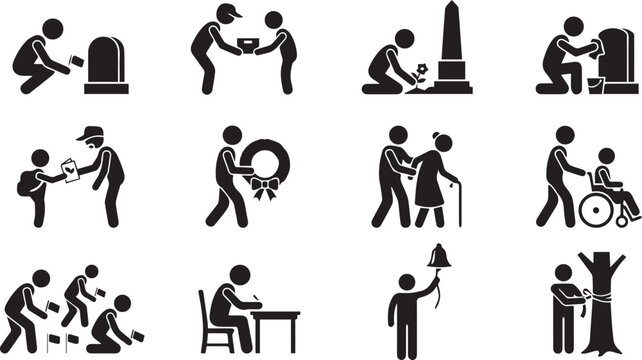 Funeral service icons showing people mourning and paying respects at