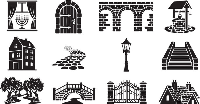 Black silhouette icons of old buildings bridges and street lamps for
