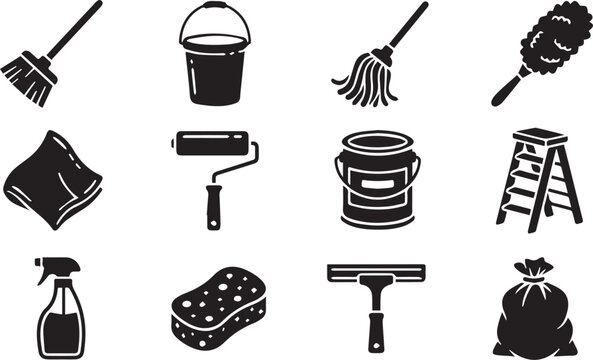 Black cleaning tools icons set including broom bucket mop duster and