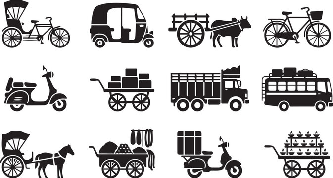Black silhouette icons of traditional transport vehicles and carts on
