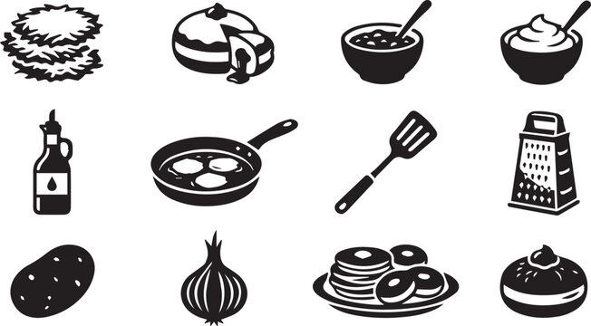 Black and white kitchen icons set featuring food cooking tools and