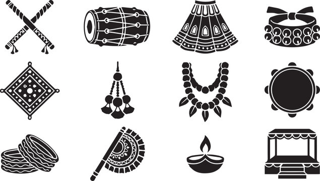 Indian cultural icons set featuring traditional musical instruments