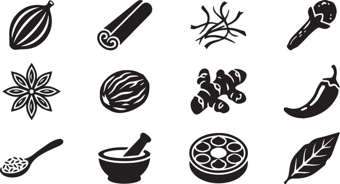 Black spice icons set featuring cinnamon cardamom ginger and herbs on