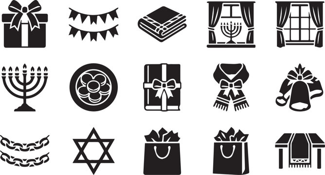 Hanukkah and holiday black icons set featuring menorah gift and