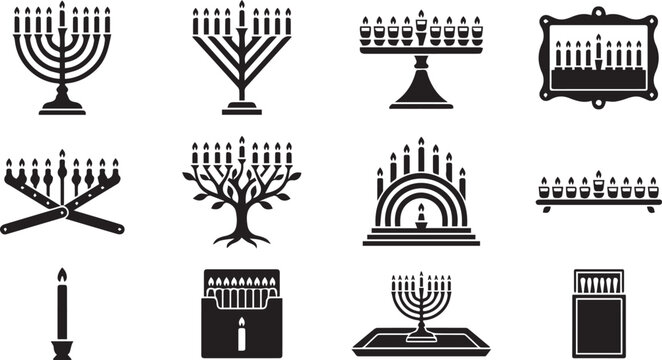 Hanukkah menorah candle icons set featuring traditional Jewish