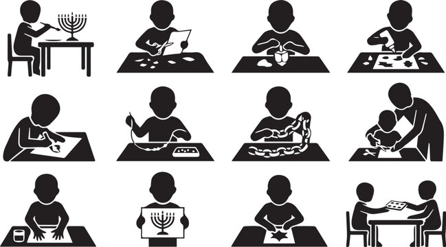 Hanukkah holiday crafts set with children making menorah and star