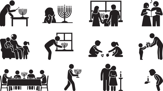 Hanukkah celebration icons set with family activities and menorah