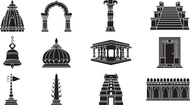 Black silhouette icons of Indian temple architecture and traditional