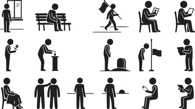 Black stick figures showing mourning grief and funeral activities in