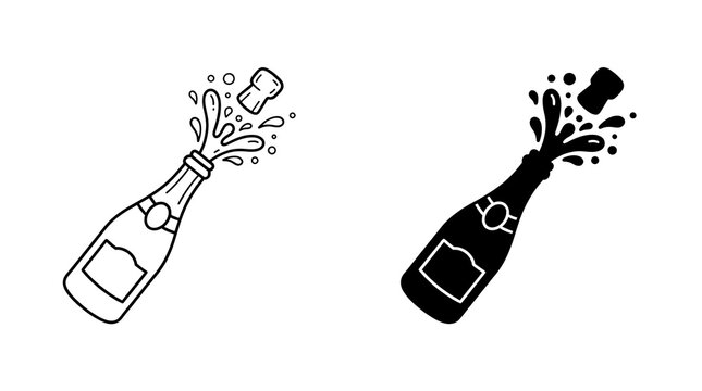 Two festive wine symbols showing an exploding bottle with popping cork and bubbling liquid splashes ready for party celebrations, featuring a pair of matching graphical marks for joyous events