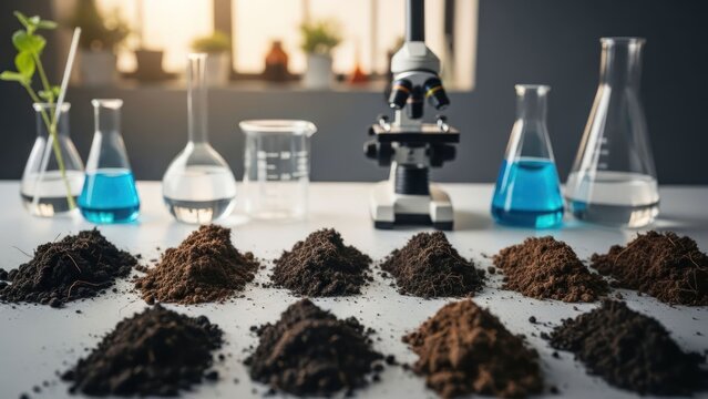 Scientific lab with diverse soil samples, liquids, and microscope
