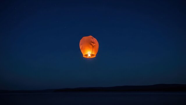 Single glowing paper lantern rises into dark night sky above water