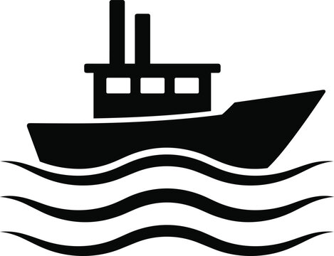 Nautical transportation icon showcasing a solid black industrial steamboat ship cruising on linear ocean wave curves