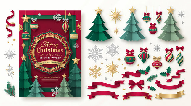 luxury 3d paper cut christmas new year greeting card template with gold silver glitter decorations layered vector holiday poster design