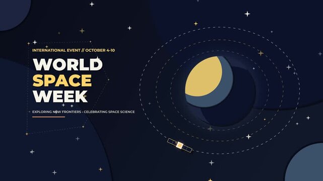 World space week animation with orbiting satellite and stylized planet