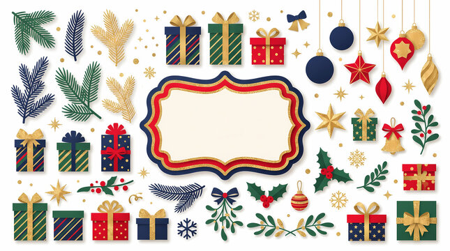 modern christmas new year poster template clip art set flat vector gold glitter paper cut design with pine branches gift boxes stars ornaments festive holiday greeting card background