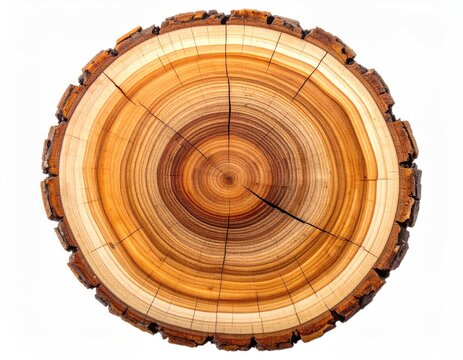 Cross-section of a tree trunk revealing rings, bark, and grain patterns