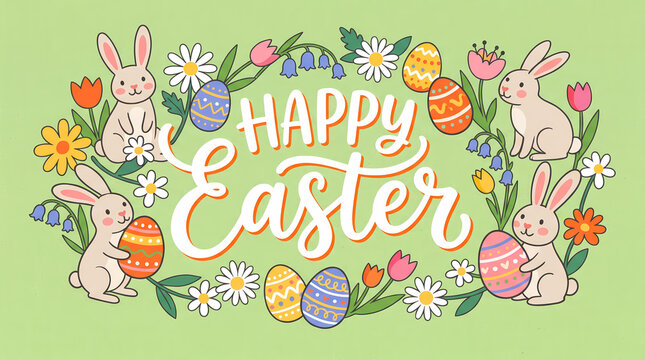 happy easter banner vector illustration with easter eggs spring flowers cute rabbits and typography on green background for holiday greeting card design