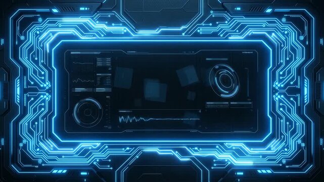 Glowing digital circuit frame on dark.

