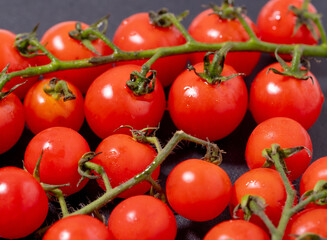 Fresh cherry tomatoes on a black background. Bunch of fresh cherry tomato on a black background © Sakorn