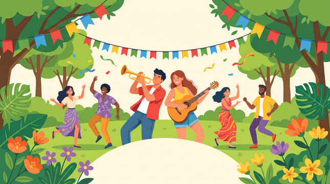 vibrant summer music festival illustration with trumpet player guitarist dancing crowd in lush nature commercial poster social media art