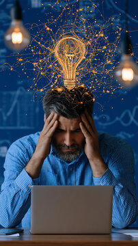 Brainstorming Brilliance: A pensive man sits at his desk, hands on temples, a glowing idea bulb hovering above his head, symbolizing the intense process of innovation and problem-solving.