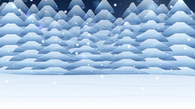 Minimalist winter forest background with stylized blue geometric pine trees and falling snow