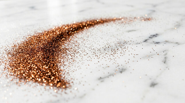 Copper glitter swirl on white marble slab for elegant luxury branding and design assets.