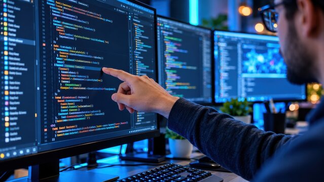 Software developer analyzing complex code on multiple monitors in dark office setting for backend systems engineering.
