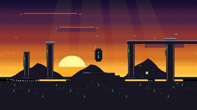 Seamless loop of a retro 8-bit pixel art ancient stone temple with overgrown ivy, a levitating glowing monolith, and warm golden sunset sunbeams.