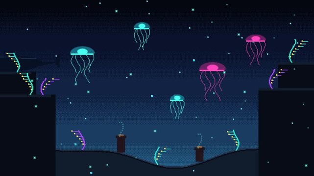 Seamless loop of a mystical retro 8-bit pixel art bioluminescent deep sea abyss with pulsing glowing jellyfish, electric coral reefs, rising bubbles, and a majestic distant whale silhouette.