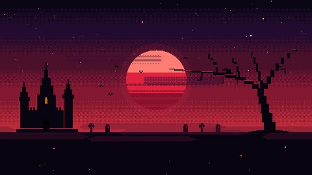 Seamless loop of a retro 8-bit pixel art giant crimson blood moon with drifting mist, gnarled dead tree, gothic castle, and eerie night embers.