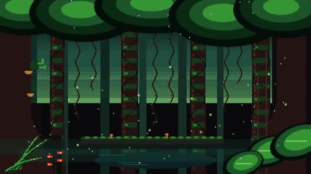 Seamless loop of a dense, humid retro 8-bit pixel art primeval tropical rainforest with massive hardwood trees, strangler figs, hanging liana vines, rising ground mist, dripping water droplets, and ca