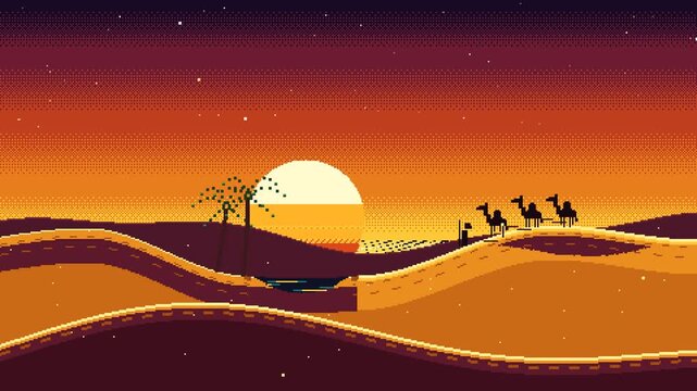Seamless loop of a retro 8-bit pixel art desert sunset with sweeping golden sand dunes, continuous blended oasis valley basin, silhouette camel caravan on the golden sand hill crest, and date palms.