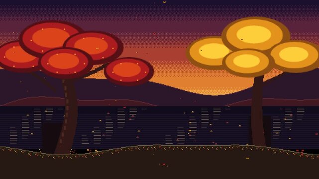 Seamless loop of a tranquil retro 8-bit pixel art golden autumn landscape with organic scarlet Japanese maples, golden ginkgo trees, calm mirror lake, gentle drifting leaves, and warm dusk sky.