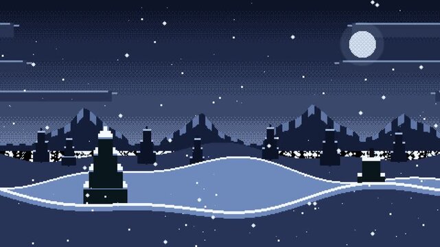 Seamless loop of a retro 8-bit pixel art winter landscape with falling snowflakes, snow-covered pine trees, and serene rolling snowdrifts.