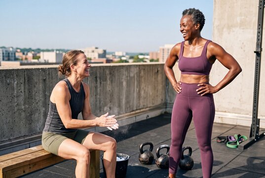 Midlife Women Laughing During Heavy Kettlebell Workout on Rooftop