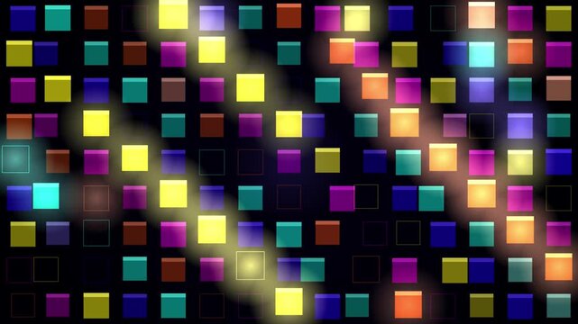 A looping pattern of colorful glowing squares on a dark background