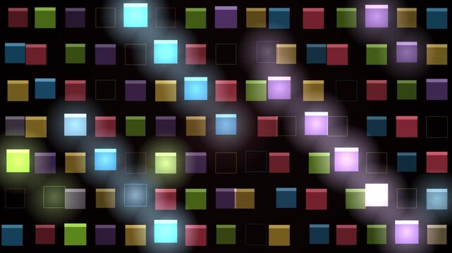 A looping pattern of colorful glowing squares on a dark background