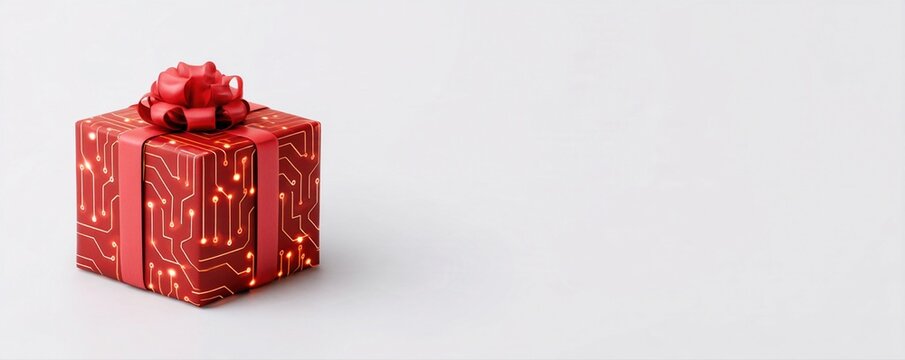 Christmas gift box, glowing circuit pattern, red ribbon and bow create festive technology themed present on pale background