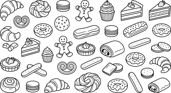 Bakery Products and Sweet Desserts Vector Doodle Icon Set with Hand Drawn Line Art for Pastry Cafe Menu Design and Coloring Book Layouts