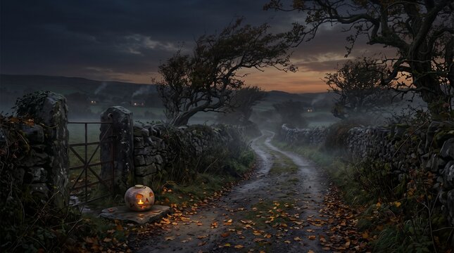 Glowing pumpkin lantern sitting on stone gate near winding country road during foggy dusk.