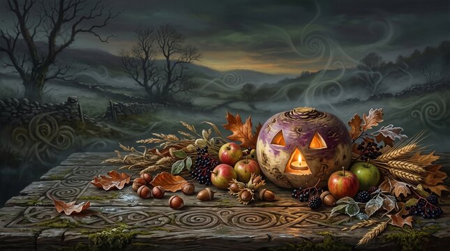 Rustic autumn harvest table featuring glowing turnip lantern with seasonal fruit and acorns.