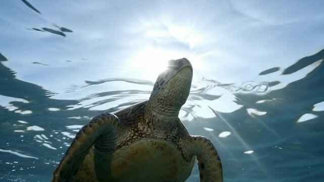 Underwater sea turtle swimming toward the surface in deep blue ocean